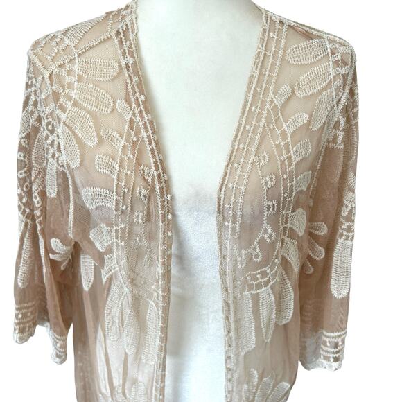 Rebellion Boho Open Duster Swim Cover Medium Tan Cream Floral Embroidery Sheer - Picture 4 of 16